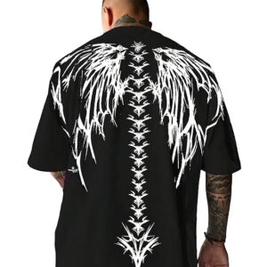 THALASI Men Cotton Printed Aesthetic Oversized Tshirt for Men - Black T Shirt for Men Stylish | Half Sleeve Oversize Fit Round Neck Tshirts - Down Shoulder & Baggy Fit Korean Tshirts for Man & Boys