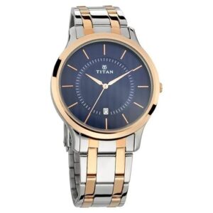 Titan Karishma Quartz Analog With Date Blue Dial Two Toned Silver & Rose Gold Stainless Steel Strap Watch for Men - NT1825KM01